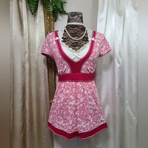 ♡ Y2K ♡ Hollister Pink and White Babydoll Top Short Sleeve
